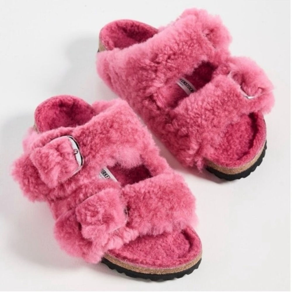 Birkenstock Arizona Big Buckle Shearling Sandals Fuschia Tulip Pink Size 36